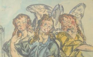 Perlrott-Csaba Vilmos (1880-1955): Három angyal. Színezett litográfia, papír, jelezve jobbra lent, 5...