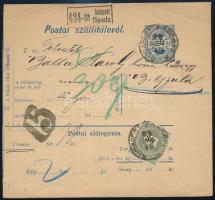1894 Postai szállítólevél 30kr bérmentesítéssel "BUDAPEST FŐPOSTA" - "GYULA / PÉNZROV...