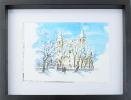 Tolnay Tibor (1932-2009): Nagyváradi székesegyház, 1993. Nyomat, papír, jelzett a nyomaton. Üvegezett fakeretben. 20x26 cm