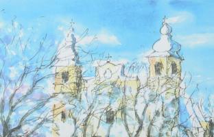 Tolnay Tibor (1932-2009): Nagyváradi székesegyház, 1993. Nyomat, papír, jelzett a nyomaton. Üvegezet...