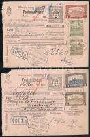 1920 2 db postautalvány Arató-Parlament bélyegekkel bérmentesítve (a hátoldalon táblázat)