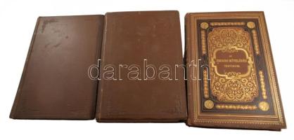 Scherr János: A világirodalom története. I-III köt. I. kötet: Az ázsiai népek: Aegyptom; Hellas és Róma; Az ó-keresztény, a franczia, olasz spanyol, portugéz és rumén népek irodalma.; II. kötet: Germán népek.; III. kötet: Magyar irodalom.; Bp., 1885-1891, Tettey-féle Könyvkiadóhivatal - Benkő Gyula, XXIV+514 p. + 12 t.; [4]+XV+547 p. +9 (egy tábla az 1. kötetből, a maradék nyolc a II. kötet táblái) t.; 4+VIII+ 266 p. A címlapon szentkirályszabadjai Karsa Ferenc (1827-1915) 1848-as honvéd hadnagy, Görgey Artúr parancsőrtisztje, árvaszéki elnök névbejegyzéseivel. Korabeli aranyozott egészvászon-kötések, a gerinceken és az I. kötet borítóján: "P. Szathmáry Az emberi mívelődés története" és "Az emberi mívelődés története", kopott borítókkal, hiányzótáblákkal, a III. kötetben néhány lapon ceruzás aláhúzásokkal és bejegyzésekkel, két lapon szakadással.