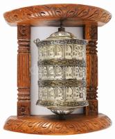 Tibeti imamalom, benne a mantrával. 21x23 cm Fa, fém, réz.