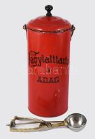 Antik 3 adagos fagylalthordozó, fém hordozó, benne üvegbetétek tartón, hozzá régi fagylaltos kanál, m: 32 cm