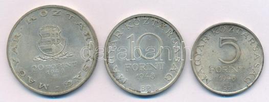 1948. 5Ft Ag "Petőfi" + 10Ft Ag "Széchenyi" + 20Ft Ag "Táncsics" "Szabadságharc sor" T:AU,XF patina Adamo EM1, EM2, EM3