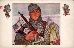 1915 I. Armee im Felde, Feldpostkarte / WWI Austro-Hungarian K.u.K. military christmas greeting card, soldier with Christmas gifts. B.K.W.I. (fl)