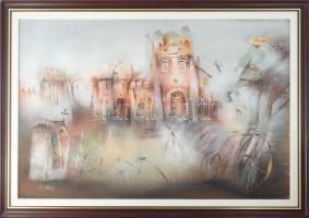 Várkonyi János (1947-): Vándormadár. Olaj, farost. Jelzett. A hátoldalán autográf felirattal. Fakeretben, 60×90 cm