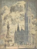 Bajor Ágost (1892-1958): Mátyástemplom. Színezett rézkarc, papír, jelzett, üvegezett keretben, 15,5×12 cm