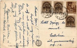 1943 Bogyiszló, templom, üzlet. Hangya kiadása (EB)