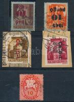 1945-1946 5 db inflációs bélyeg érdekességekkel, visszavont csomagpár, fordított felülnyomat, rövidre fogazás