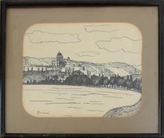 Barcsai Tibor (1937-2017): Esztergomi bazilika. Tus, papír, jelzett, üvegezett fakeretben, 22,5×28,5 cm
