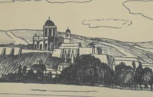 Barcsai Tibor (1937-2017): Esztergomi bazilika. Tus, papír, jelzett, üvegezett fakeretben, 22,5×28,5...