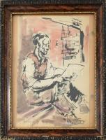 Derkovits Gy jelzéssel: Olvasó férfi. Akvarell, tus, papír, jelzett, üvegezett fakeretben, 28×20 cm