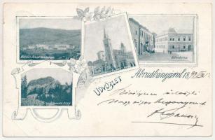 1899 Abrudbánya, Abrud; Ferenc József laktanya, A három magyar templom, Városháza, Detonáta hegy / K...