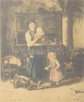 Munkácsy Mihály után Kórusz József (1927-2010): Anya gyermekeivel, rézkarc, papír, jelzett a karcon. Üvegezett fakeretben, 31x22,5 cm.