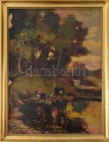 Olvashatatlan jelzéssel: Tehenek a vízparton. Olaj, karton, sérült. Dekoratív fakeretben, 40x30 cm.
