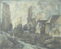 Feledy Gyula (1928-2010): Este, színezett rézkarc, papír, jelzett, 23,5×28 cm, üvegezett fakeretben,