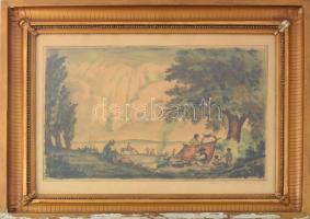 Iványi Grünwald Béla (1867-1940)-Prihoda István (1891-1956): Táborozók. Színezett rézkarc, papír, Iványi Grünwald Béla által jelzett. Dekoratív, üvegezett, sérült fakeretben, 30×44 cm