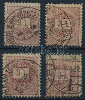 1888 4 db Sztereó 3Ft, közte elfogazások, olvasható bélyegzések (24.000)