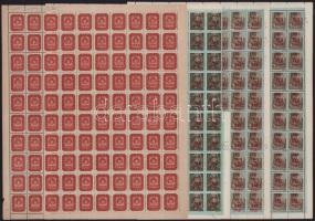 1945 Kisegítő 10f/4f 2 db hajtott teljes ív + 20f/20f hajtott teljes ívben + Milpengős 30.000mP hajtatlan teljes ívben, benne kettős fogazás, eltolódott felülnyomás, gépszínátnyomat