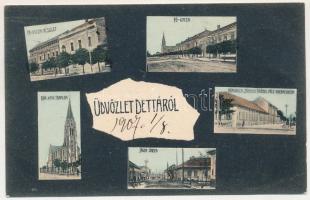 1907 Detta, Ghedu, Deta; Fő utca, Római katolikus templom, Jäger utca, Népiskola, zárda, Fröbel-féle...