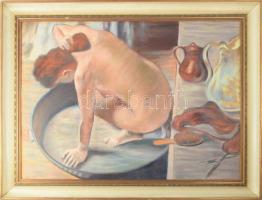 Jelzés nélkül, Degas után: Fürdőző női akt. Olaj, vászon. Dekoratív fakeretben, 60,5×83,5 cm