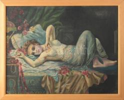Kiss J jelzéssel, XX. sz. eleje: Fekvő női akt. Olaj, vászon. Fakeretben, 40×50 cm.