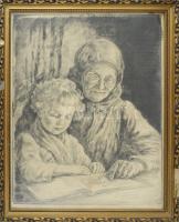 Edvi Illés Aladárné [Karády Etel] (1877-1963): Nagymama és unoka (meseolvasás), rézkarc, papír, jelzett. Üvegezett, sérült fakeretben, 40×30 cm