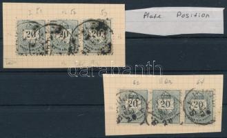 1881 2 db 20kr hármascsík ívhely jelöléssel, papírdarabokon falccal rögzítve