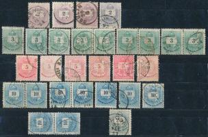 1881 29 db Színesszámú krajcáros bélyeg, közte 3kr magasabbra fogazva (fogazógép megugrott), párok, olvasható szép bélyegzések, javítások, karcok, szép színváltozatok