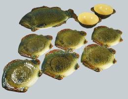 Gránit halszervírozó készlet, 2 darab halászleves tállal, 50x32 cm, 6 darab tál 28x24 cm, 2 leveses d:18 cm, jelzett, minimális kopással.