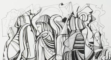 Lajos Ferenc (1912-1998): Búcsú a székelyéknél, 1984. Tus, papír, jelzett. 37x27 cm. Paszpartuban