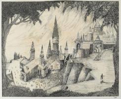 Lajos Ferenc (1912-1998): Hüvelyk Matyi illusztráció, 1953. Tus, papír, jelezve jobbra lent (paszpartu által takarva). Javított, kissé sérült, kissé foltos. 29x36 cm. Paszpartuban.