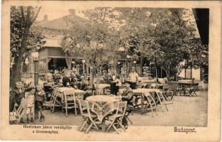 Budapest XIV. Hantzman János vendéglője a Lóversenyhez, kert vendégekkel és pincérekkel. Thököly út ...