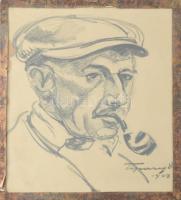 Tipary Dezső (1887-1967): Einczinger Ferenc (1879-1950) festőművész portréja, 1923. Ceruza, papír, jelezve jobbra lent. Hátoldalán Einczinger Ferenc Esztergom sokszorosított ex libris grafikával. Üveg mögött. 26×21 cm