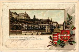 1902 Budapest I. Királyi vár és Várkert Bazár. Magyar címeres dombornyomott litho keret / Emb. litho...