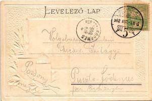 1902 Budapest I. Királyi vár és Várkert Bazár. Magyar címeres dombornyomott litho keret / Emb. litho...