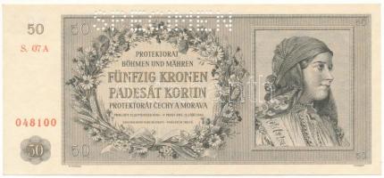Német Harmadik Birodalom / Cseh-Morva Protektorátus 1944. 50K "S. 07 A 048100", "SPECIMEN (MINTA)" perforációval T:AU German Third Reich / Protectorate of Bohemia and Moravia 1944. 50 Korun "S. 07 A 048100" with "SPECIMEN" perforation C:AU Krause 10.s