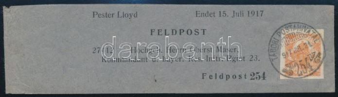 1917 Teljes tábori posta címszalag Hírlapbélyeggel / Complete field post wrapper with Newspaper stam...