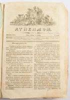1841 Athenaeum. Tudományos, criticai és szépművészeti folyóirat. Kiadják Schedel [Toldy Ferenc] és Vörösmarty [Mihály]. Szerkeszti Bajza [József]. 1841. Második félév. 1841. Julius 1. - december 30., 1-79 szám. Pest, 1841, Athenaeum,5-20,25-1258+3 p. Szentkirályszabadjai Karsa Ferenc (1827-1915) 1848-as honvéd hadnagy, Görgey Artúr parancsőrtisztje, árvaszéki elnök névbejegyzésével. Szemere Miklós (1802-1881) költő, ügyvéd, politikus a Magyar Tudományos Akadémia levelező és Kisfaludy Társaság tagjának névbejegyzésével. Szemere Miklós, aki 1848-49-ben huszárként harcolt a szabadságharcban Lasztócon élt, míg Karsa Ferenc 1848-49 után anyja magyarizsépi birtokára vonult vissza. Mind a két település a Tőketerebesi járásában található. Egymáshoz igen közel. Feltehetőleg a két személy ismerte egymást. Átkötött kartonált papírkötésben, kopott borítóval, sérült gerinccel, foltos lapokkal, a címlap nagyrészt hiányzik, sérült, egy lap hiányzik (21-24), egy lap sérült, szakadt (485-488), egy lap szakadt (525-528), két lap laza, kijár (725-732), az elülső tábla belsején és az elülső szennylapon ceruzás jegyzetekkel.