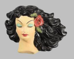 Dr. Rank Rezső: Art deco női fej fali dísz. Kerámia, cca 1920, jelzett, mázkopásokkal, 20x13 cm