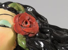 Dr. Rank Rezső: Art deco női fej fali dísz. Kerámia, cca 1920, jelzett, mázkopásokkal, 20x13 cm