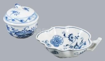 Meissen hagymamintás cukortartó rózsa fogóval, jelzet,t hibátlan, m: 9 cm + Terra Porcelain hagymamintás ékszeres edény, jelzett, lepattanással