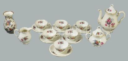 cca 1920 Victoria mokkás / kávés készlet, jelzett, teljes, kopással + sérült váza.