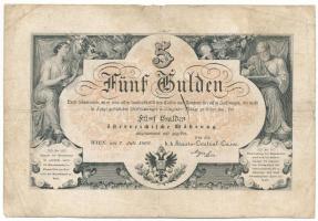 1866. 5G "Cq 33" piros számozás, vízjeles papíron T:F,VG
Austrian Empire 1866. 5 Gulden w...