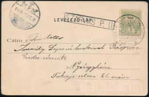 1903 Képeslap "MEZŐTÚR-MEZŐHEGYES" vasúti mozgóposta bélyegzéssel + "SZARVAS P.U." / Postcard with railway postmarks