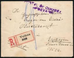 ~1920 Ajánlott cenzúrázott levél román bélyegekkel / Registered censored cover with Romanian stamps ...