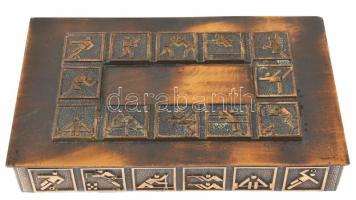 Díszdoboz, olimpiai sportágak ábrázolásával, hiányos fa betéttel, 12,5x20 cm