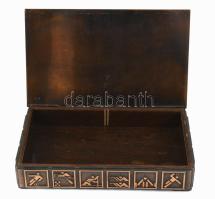 Díszdoboz, olimpiai sportágak ábrázolásával, hiányos fa betéttel, 12,5x20 cm