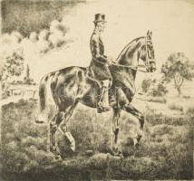 Korda Béla (1899-1972): Rövid ügetés (lovas témájú grafika), 1935. Rézkarc, papír, jelzett, lapszéli néhány egészen apró folttal, 20×23,5 cm